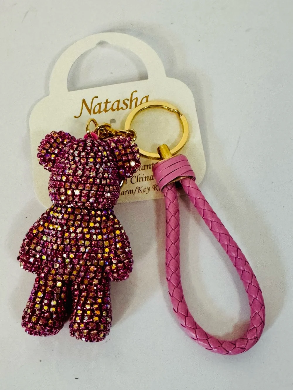 Natasha Couture Pink Crystal Teddy Bear Keychain with Braided Strap